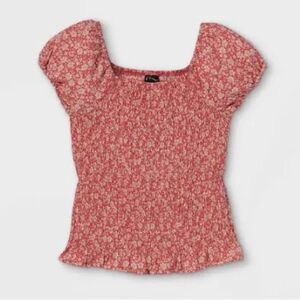 Art Class Girl’s Light Red Floral Smocked Puff Short Sleeve Top Small 6/6X